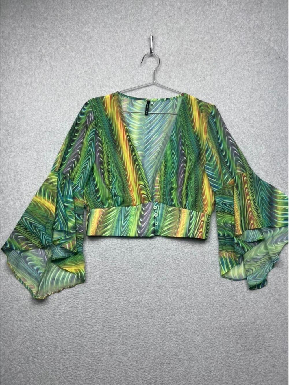 San Joy Boho Festival sheer Crop Top L Bell Sleeve Chiffon Green Wave Blouse Y2k